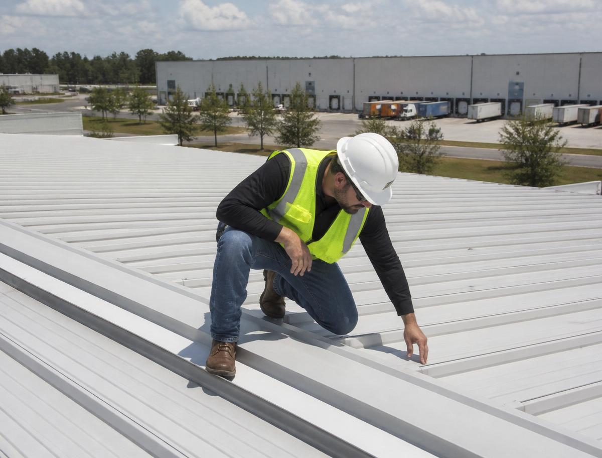 Roofing professional inspecting seams on a commercial metal roof